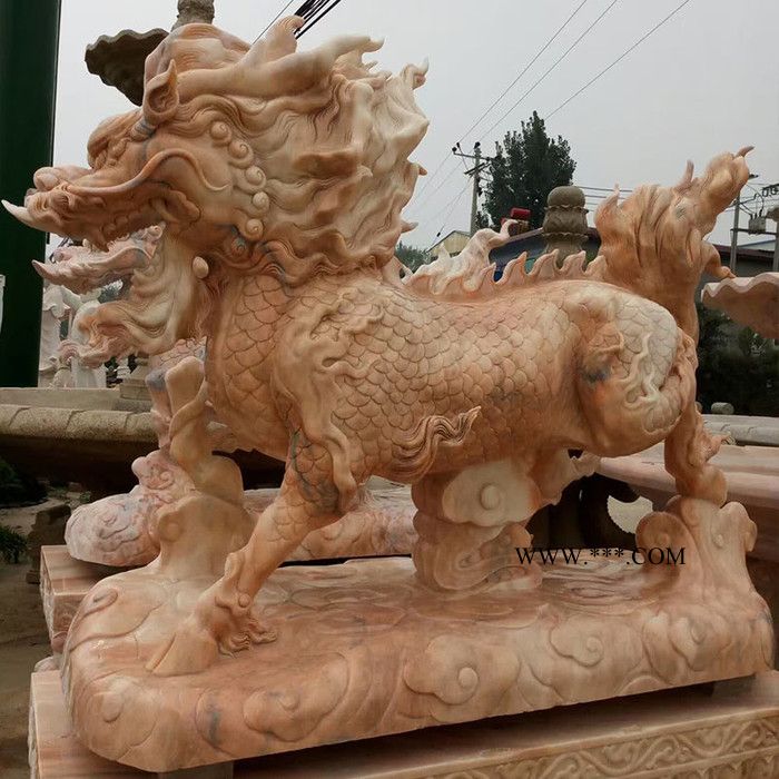 沐泽厂家定制石雕招财动物晚霞红石材貔貅麒麟大理石神兽雕刻摆件图3