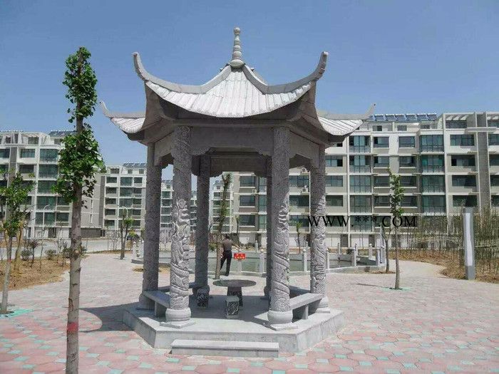 青石石雕凉亭 景区大理石长廊式石凉亭 六角双层石亭子 石雕凉亭图5